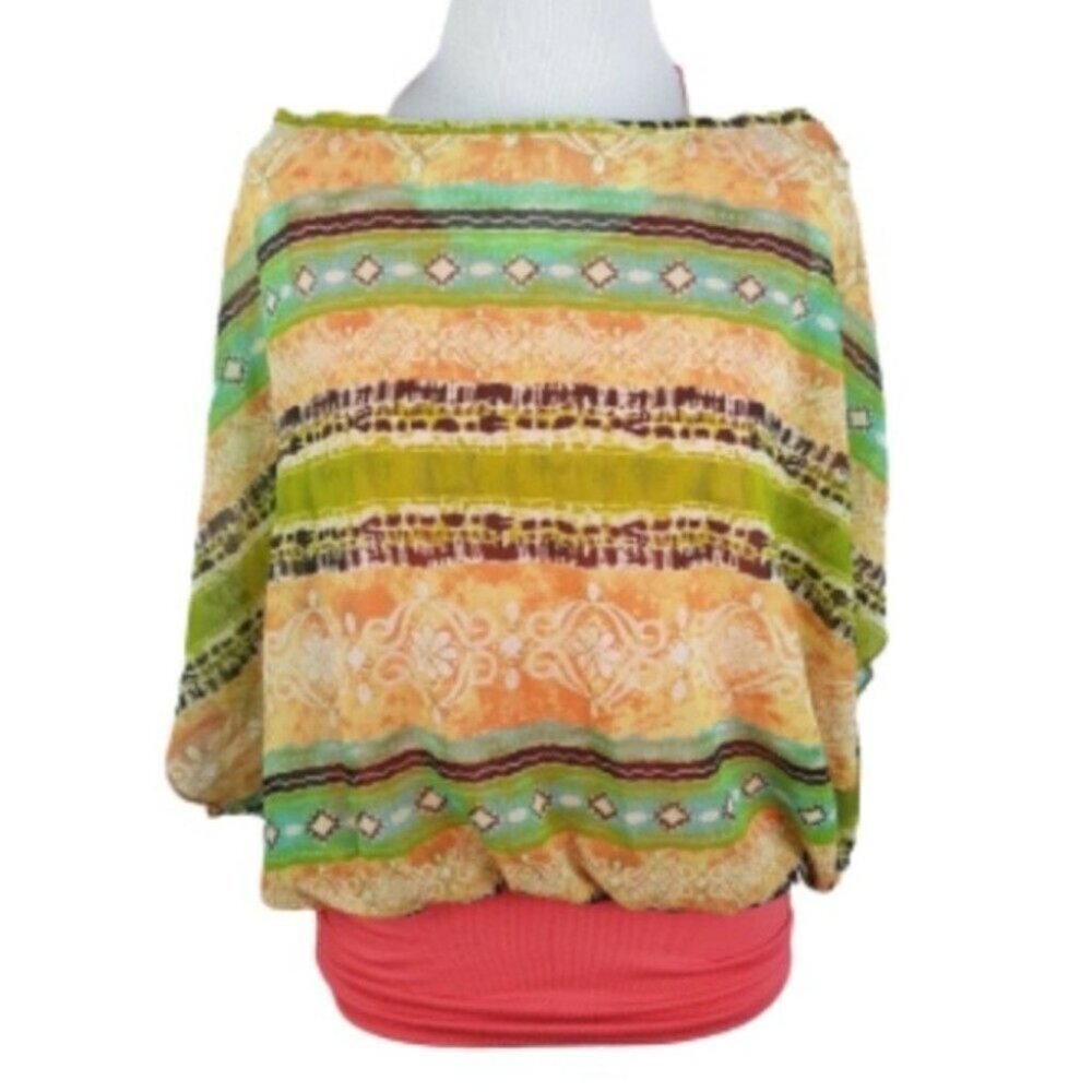 Coral Peach Aztec Print Semi Sheer Top Bat Sleeves